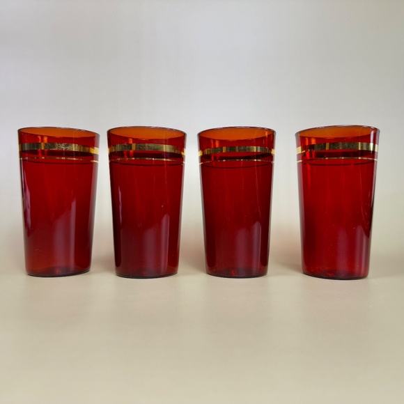 Vintage Ruby Red Glass Tumblers with Gold Design – Set of 4 - Picture 9 of 16